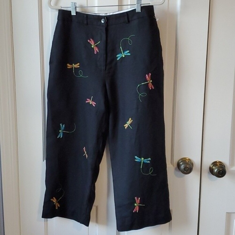 LINEN EMBROIDERED DRAGONFLY CROPPED PANTS BLACK HIGH WAIST SIZE 10P Y2K PREPPY